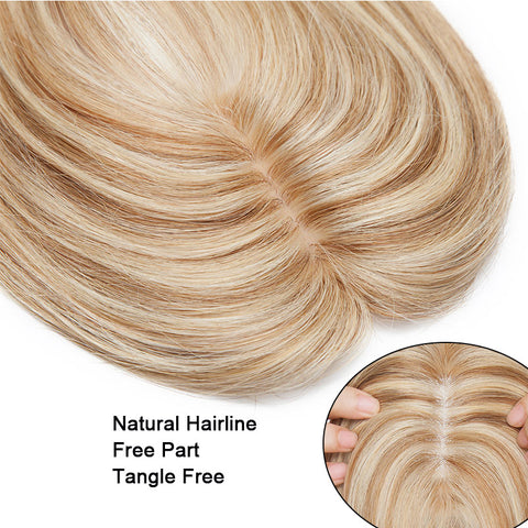 Image of 100% Remy Human Hair Silk Base Top Hairpieces Replacement Clip in Topper For Women Crown Top Piece - fleshirose