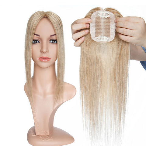 Image of 100% Remy Human Hair Silk Base Top Hairpieces Replacement Clip in Topper For Women Crown Top Piece - fleshirose
